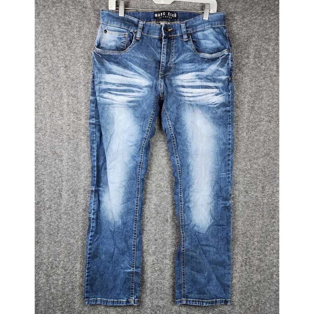 Marc Ecko Jeans Mens 32x30 Blue Cut & Sew Straight Leg Whiskered Stretch Denim